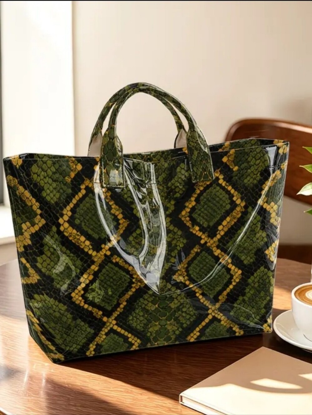 Women Green Olive Daily Commute Snake Skin Tote PVC - Picture 1 of 8